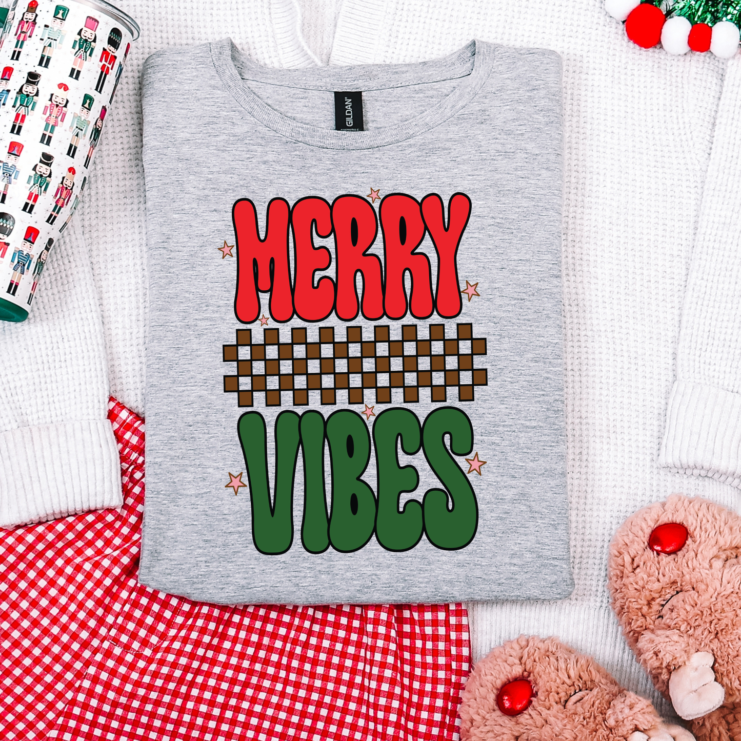 Checkered Merry Vibes T-shirt Or Crewneck (Youth & Adult)